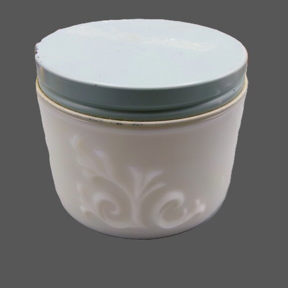 Vintage Milk Glass Creme Vanity Jar with Blue Screw on Lid - Picture 2 of 8